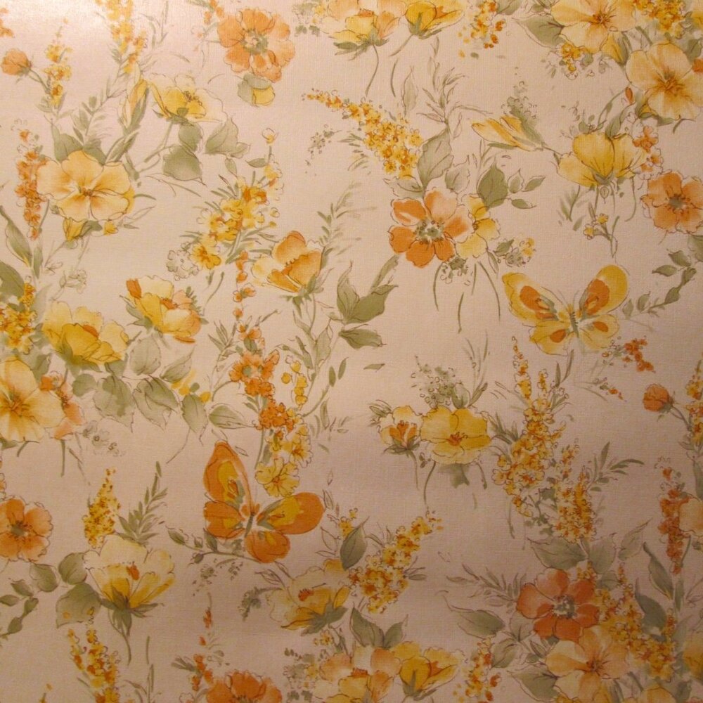 Vintage 1980s Orange Floral Motif Wallpaper